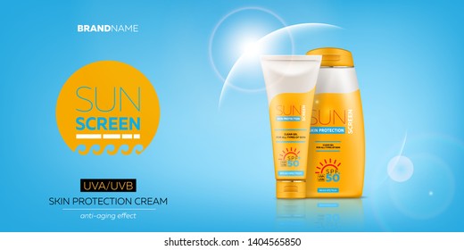 Sunscreen cream advertising banner with realistic 3d tube and bottle with gel or cream for skin protection and UVA/UVB rays blocking. Ready for branding and packaging design. High quality vector