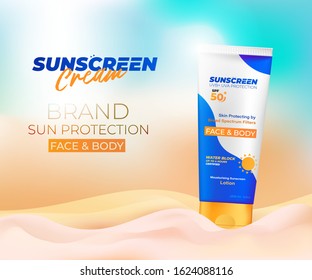 Sunscreen cream banner advertising design concept. Sunscreen ads template