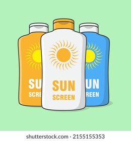 Sunscreen Cream Bottle Cartoon Vector Illustration. Sun Protection Cosmetic Product Flat Icon Outline. Sunblock Lotions Or Skincare