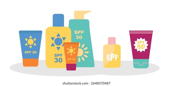 Sunscreen cream bottle icon. Sun screen lotion tube, spf sunblock spray container, solar cosmetic for suntan, skin protect product packaging, body moisturizer