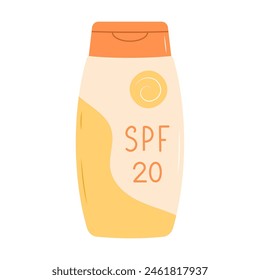 Sunscreen cream in bottle. SPF 20. Flat vector illustration isolated on white background