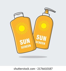 Sunscreen Cream Bottle And Sunscreen Spray Cartoon Vector Illustration. Sun Protection Cosmetic Product Flat Icon Outline. Sunblock Or Skincare