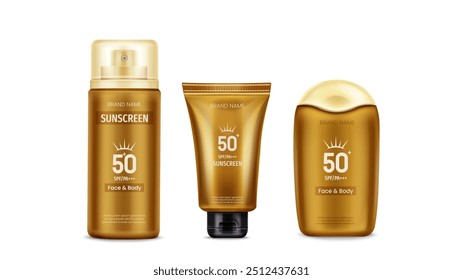 Sunscreen cream bottle and tube isolated vector. 3d sun block lotion design with 50 spf. Plastic spray container template for skincare and protection in realistic layout. Face care uv label