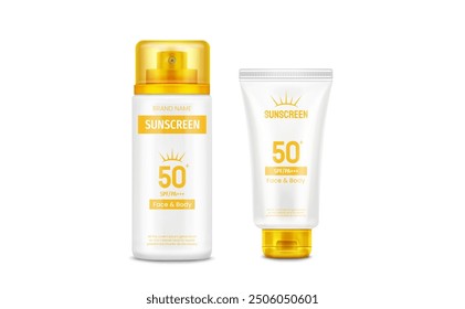 Sunscreen cream bottle and tube with yellow cap. Realistic 3d vector illustration set of package for sun block lotion with 50 spf. Summer body and face protection and health care container mockup.