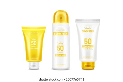 Sunscreen cream bottle and tube with yellow cap. Realistic 3d vector illustration set of package for sun block lotion with 50 spf. Summer body and face protection and health care container mockup.