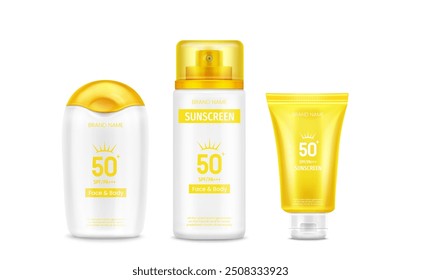 Garrafa e tubo de creme protetor solar com tampa amarela. Realista vetor 3d ilustração conjunto de pacote para loção de bloco solar com 50 spf. Verão corpo e proteção facial e maquete de contêiner de cuidados de saúde.