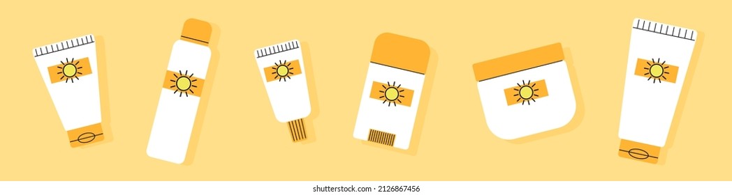 Sunscreen cream bottles set web banner. Different skincare cosmetic products, summer protection SPF sunblock lotion, jar, spray isolated on yellow background. Bright flat style cartoon linear vector.