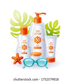 Sunscreen Cream bottles. Sun beach Summer vector. Sunblock uv product. Cosmetic lotion for skin care. Flat Ad design. Protection sun screen cream, sunglasses, starfish, tropic leaf. Cartoon icon set