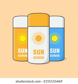Ilustración del vector de dibujos animados de crema de pantalla solar. Esquema de icono plano de producto cosmético de protección solar. Lociones para el cuidado de la piel