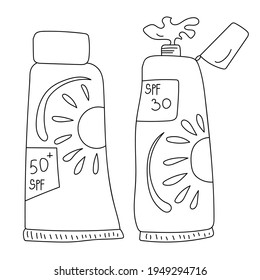 Conjunto de doodles crema de pantalla solar, tubo abierto y cerrado con crema para el cuidado de la piel durante la estación caliente ilustración vectorial