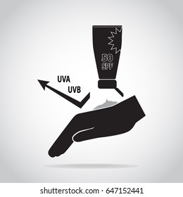 Sunscreen cream in hand icon, sunblock SPF 50, protection skin health concept