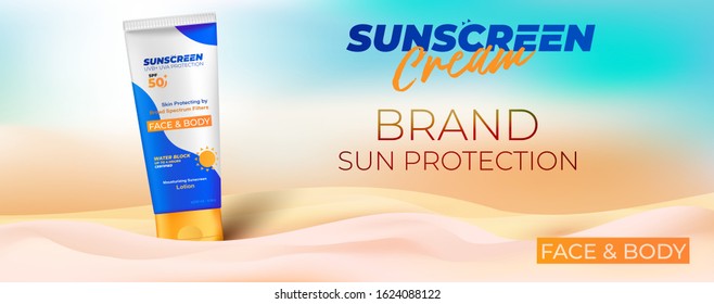 Sunscreen cream horizontal ads banner. Sun care sunscreen poster with realistic 3d cosmetic tube.