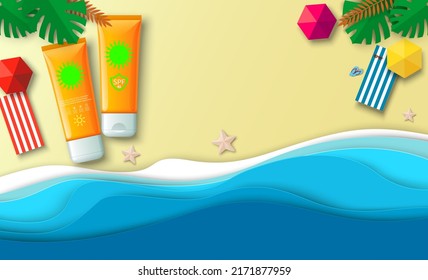 Sunscreen Cream And Lotion Advertising Vector. Summer Skingcare Product Lying On Sand. Seaside 3d Landscape Illustration With Palm Leaves, Sun Lounger And Beach Umbrella Overhead View Design