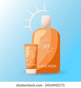 Sunscreen Cream And Sunscreen Lotion Cartoon. Protection for the skin from solar ultraviolet light. Design elements for booklet, leaflet or sticker. Healthy sunbathing sunscreens.