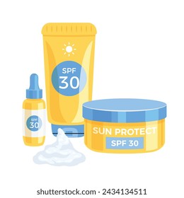 Sunscreen cream, lotion, cosmetic products with SPF set. Summer vacation ultraviolet protection. Vector illustration. UV protection Spf 30