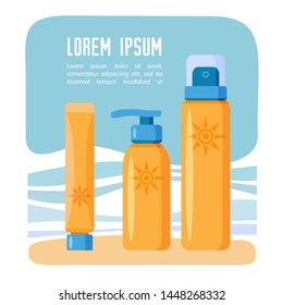 Sunscreen cream and lotion set isolated on sea background. Protection for the skin from solar ultraviolet light. Design elements for booklet, leaflet or sticker. Flat design style.