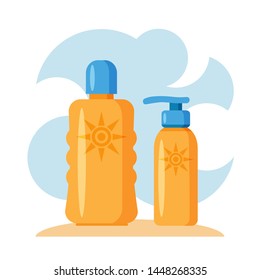 Sunscreen cream and lotion set isolated on blue sky background. Protection for the skin from solar ultraviolet light. Design elements for booklet, leaflet or sticker. Flat design style.