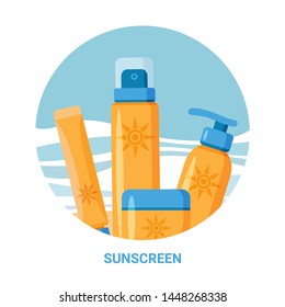 Sunscreen cream and lotion set isolated on sea background. Protection for the skin from solar ultraviolet light. Design elements for booklet, leaflet or sticker. Flat design style.