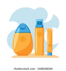 Conjunto de crema y loción de protector solar aislado sobre fondo azul del cielo. Protección para la piel de la luz ultravioleta solar. Elementos de diseño para folleto, folleto o pegatina. Estilo de diseño plano.
