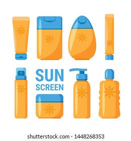 Sunscreen cream and lotion set isolated on white background. Protection for the skin from solar ultraviolet light. Design elements for booklet, leaflet or sticker. Flat design style.