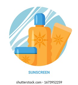 Sunscreen cream and lotion set isolated on white background. Protection for the skin from solar ultraviolet light. Design elements for booklet, leaflet or sticker. Flat design style.
