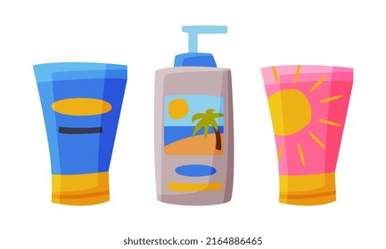 Sunscreen cream and lotion set. Summer vacation accessories cartoon vector illustration