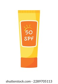 Sunscreen Cream Lotion in tube. Hand drawn summer cosmetic and skincare with 50 SPF. Sunblock, skin protection, skin care product Isolated on White Background