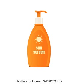 Sunscreen cream with orange pump bottle in realistic flat 3d vector illustration. Trendy style summer vacation graphic resources for many purposes.