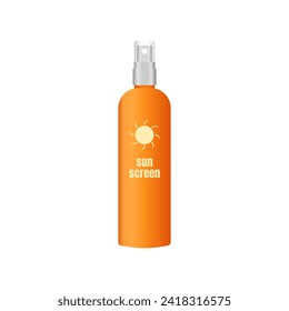 Sunscreen cream with orange spray bottle in realistic flat 3d vector illustration. Trendy style summer vacation graphic resources for many purposes.