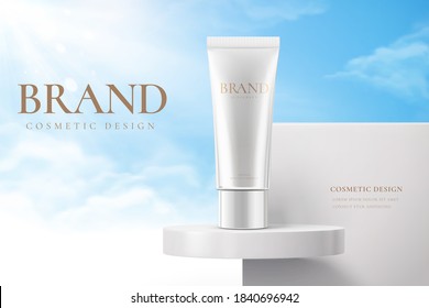 Sunscreen cream product on white stage against sky background in 3d illustration. Beauty product ad banner