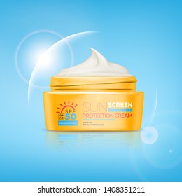 Sunscreen cream realistic 3d jar with gel or cream for skin protection and UVA/UVB rays blocking. Ready for branding, packaging and advertising design. High quality realistic vector.