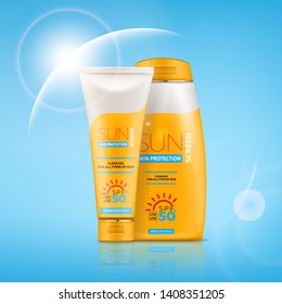 Sunscreen cream realistic 3d tube and bottle with gel or cream for skin protection and UVA/UVB rays blocking. Ready for branding, packaging and advertising design. High quality realistic vector.