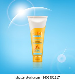 Sunscreen cream realistic 3d tube with gel or cream for skin protection and UVA/UVB rays blocking. Ready for branding, packaging and advertising design. High quality realistic vector.