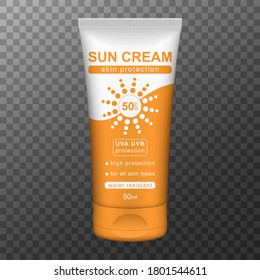 Sunscreen cream realistic 3d tube. Sun skin protection. Sunblock cream tube for branding, packaging and advertising.