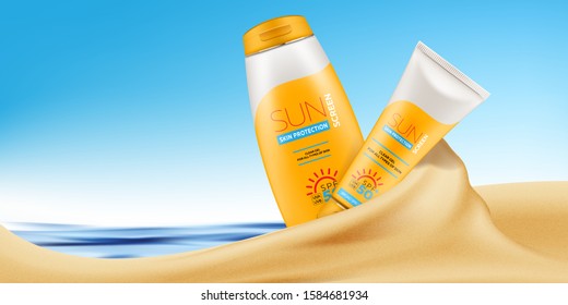 Sunscreen cream realistic tube and bottle with sunscreen gel or cream for skin protection and UVA/UVB rays blocking in sand on the sea beach. Vector ready for tan cream promotion advertising design. 