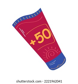 Crema de protector solar en tubo rojo con etiqueta de temperatura contra ilustración vectorial de quemadura solar. Seguridad solar y dibujo de dibujos animados con pantalla solar sobre fondo blanco. Verano, vacaciones, salud, concepto de protección