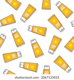Sunscreen Cream Seamless Pattern On A White Background. Sun Protection Cosmetic Icon Vector Illustration