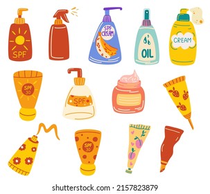 Sunscreen cream set. Protection for the skin from solar ultraviolet light. Summer cosmetic. Sunblock, skin protection, skin care products. Vector Hand draw illustration