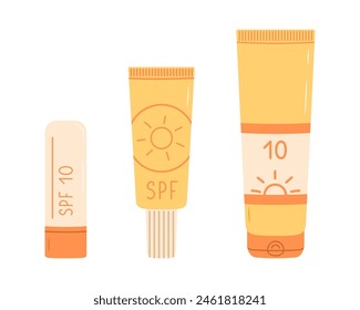 Crema de protección solar. FPS 10. Protección contra la luz solar ultravioleta. Ilustración vectorial plana aislada sobre fondo blanco