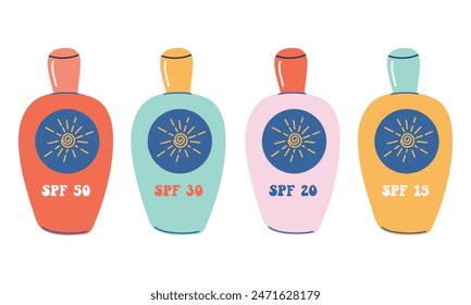 Sonnencreme-Set. SPF-Schutz-Kosmetik für Sommerurlaub und Sonnensicherheitskonzept. Retro-Tuben mit Körperlotion. Handgezeichnete Vektorillustrationen.
