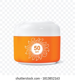 Sunscreen cream for skin protection 3d vector illustration. Sun protection cream, sunblock lotion, 50 spf gel for beach skin care, tan tube mockup