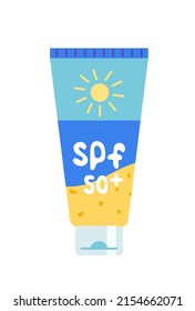 Sunscreen cream spf 50 in tube. Sunblock lotion. Sun safety cosmetic.  Cartoon, flat. Isolated vector illustration eps