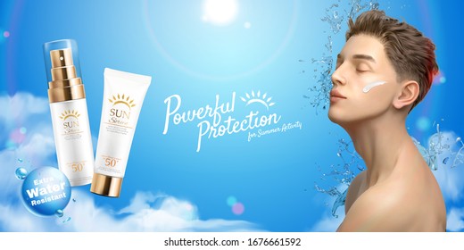 Sunscreen cream and spray ads on blue sky background with eye closed chin up man in 3d illustration