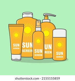 Ilustración Del Vector De Caricaturas De Crema De Pantalla Solar Y Spray. Esquema de icono plano de producto cosmético de protección solar. Lociones De Bloqueo De Sol O Cuidado De La Piel