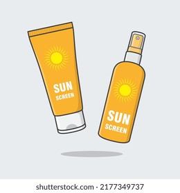Sunscreen Cream And Sunscreen Spray Cartoon Vector Illustration. Sun Protection Cosmetic Product Flat Icon Outline. Sunblock Or Skincare