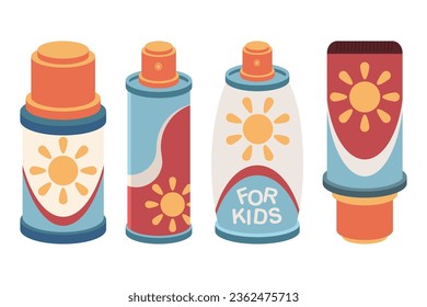 Sunscreen cream and spray vector cartoon set isolated on a white background.