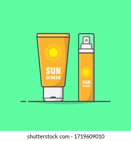 Sunscreen Cream And Spray Vector Icon Illustration. Sun Protection Cosmetic Product. Concept Of Summer Holiday. Sunblock Lotions. Skincare