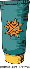 Sunscreen cream for summer. Hand drawn vector illustration. Graphic doodle, sketching. Black contour drawing isolated on white. Primitive style single picture for design, print, card, poster, sticker.