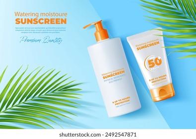 Crema de protección solar top view maqueta cosmética de Vector 3d verano cuidado de la piel producto ad Anuncio. Botella y tubo realistas de protector solar, crema solar, loción y gel bloqueador solar con hojas verdes de palma tropical