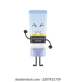 Sunscreen cream tube character vector illustration in cute kawaii mascot style. Summer sunblock lotion icon. Editable graphic resources for many purposes.